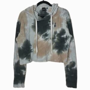 Mono B Sweater Women's Medium Tie Dye Jacquard Cropped Hoodie white, tan, green